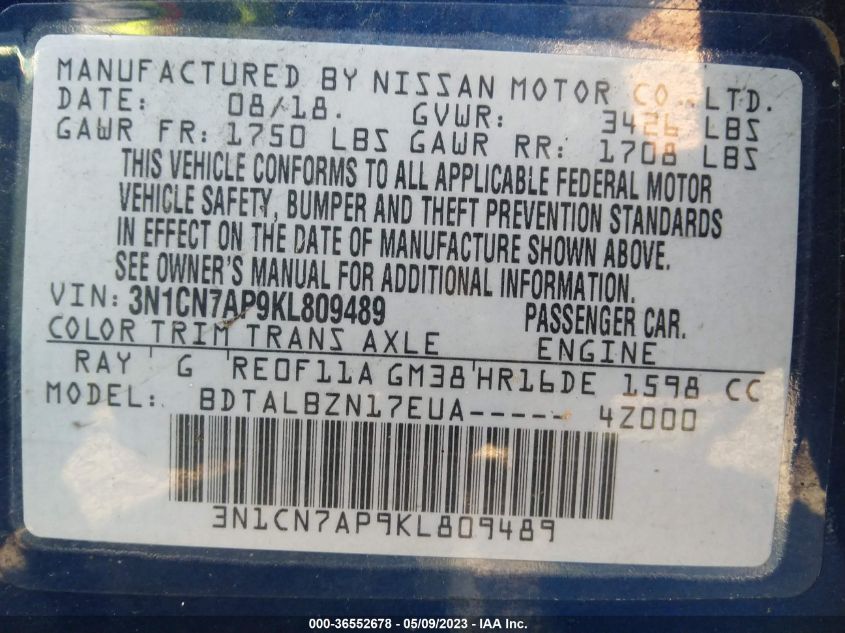 2019 NISSAN VERSA SEDAN SV - 3N1CN7AP9KL809489