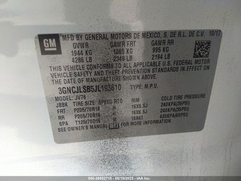 2018 CHEVROLET TRAX LT - 3GNCJLSB5JL193610