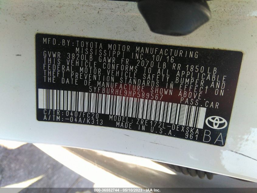 2017 TOYOTA COROLLA L/LE/XLE/SE - 5YFBURHE9HP589567