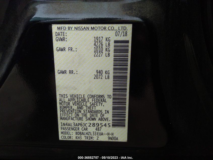 2018 NISSAN ALTIMA 2.5 SR - 1N4AL3AP6JC289545