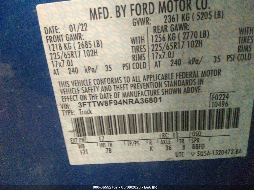 2022 FORD MAVERICK XL/XLT/LARIAT - 3FTTW8F94NRA36801
