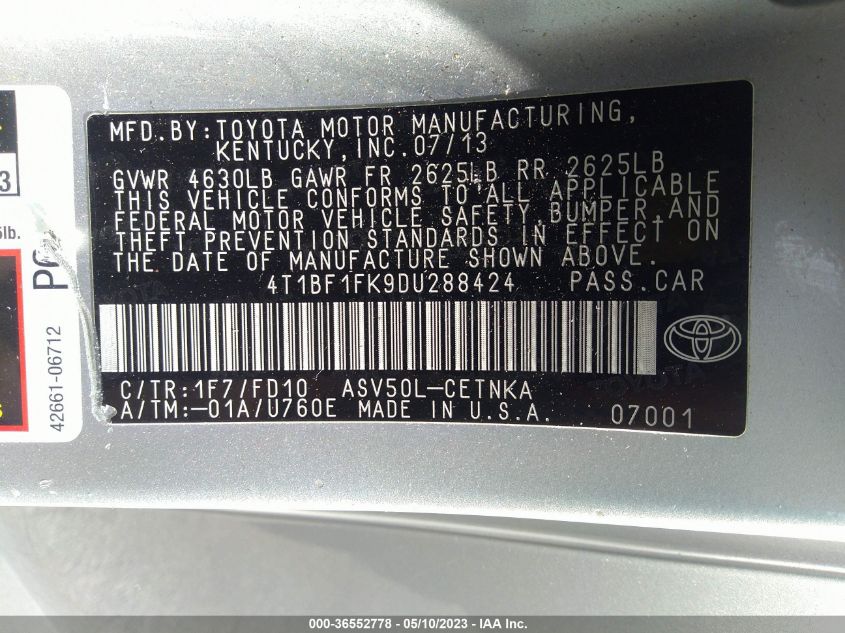 2013 TOYOTA CAMRY LE - 4T1BF1FK9DU288424