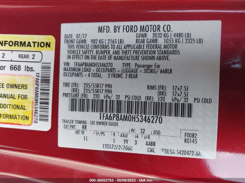 2017 FORD MUSTANG V6 - 1FA6P8AM0H5346270