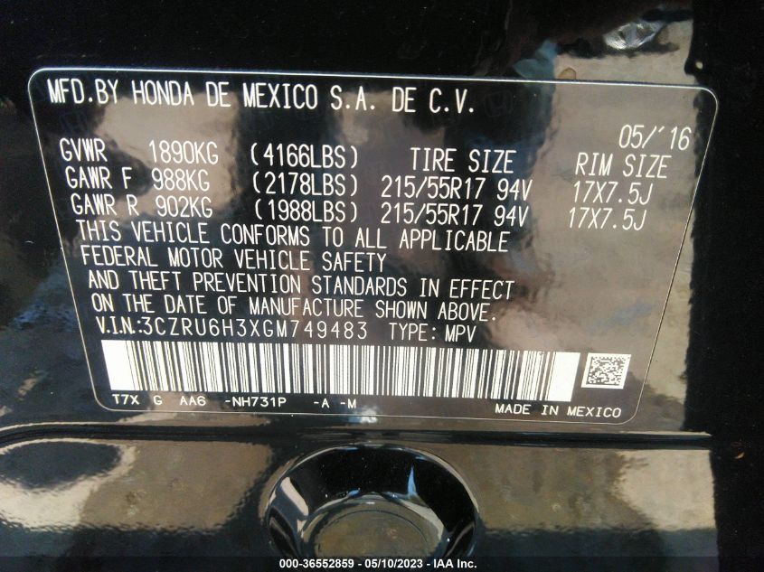2016 HONDA HR-V LX - 3CZRU6H3XGM749483