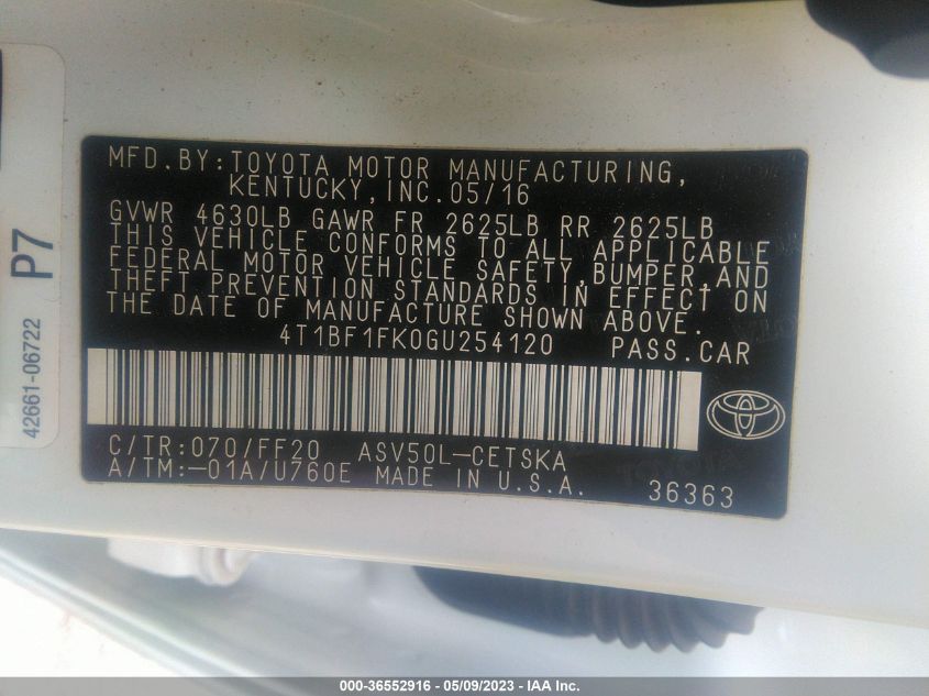 2016 TOYOTA CAMRY XLE/SE/LE/XSE - 4T1BF1FK0GU254120