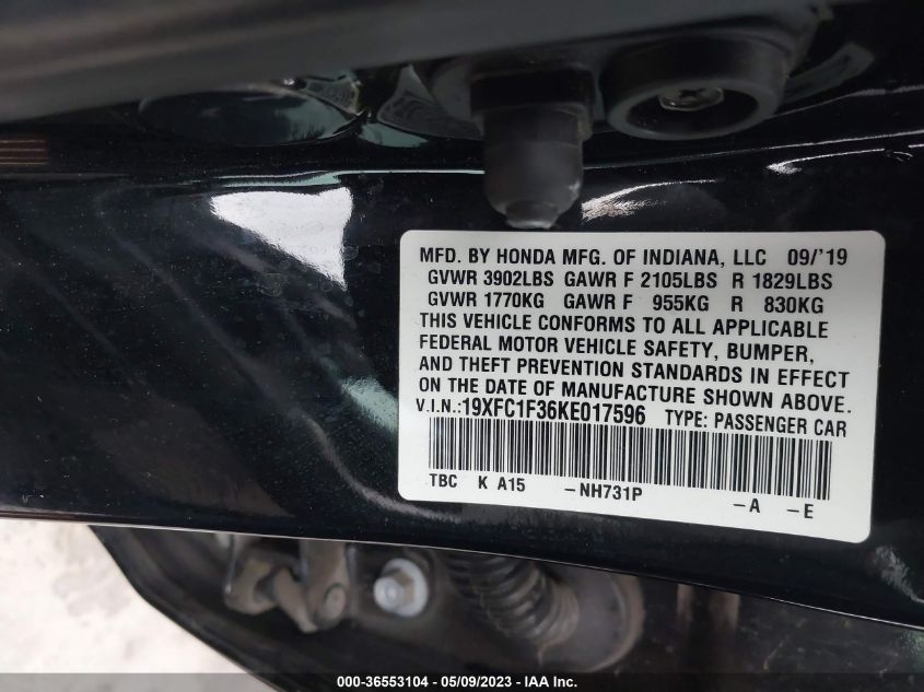2019 HONDA CIVIC SEDAN EX - 19XFC1F36KE017596