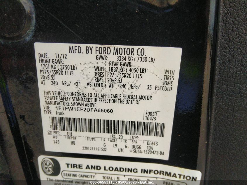 2013 FORD F-150 XL/XLT/FX4/LARIAT - 1FTFW1EF2DFA65060
