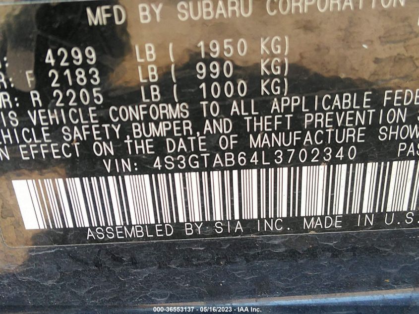 2020 SUBARU IMPREZA - 4S3GTAB64L3702340