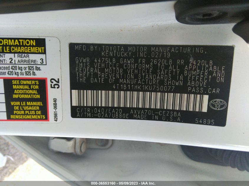 2019 TOYOTA CAMRY LE/SE/XLE/L - 4T1B11HK1KU750077