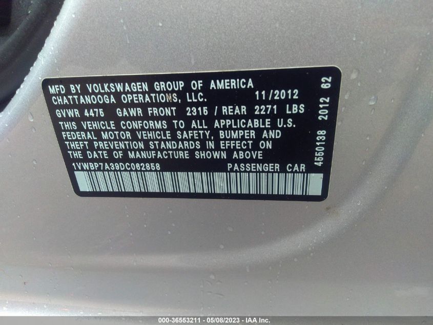 2013 VOLKSWAGEN PASSAT SE - 1VWBP7A39DC062858
