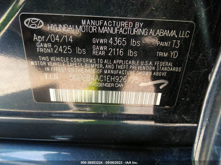 2014 HYUNDAI SONATA GLS - 5NPEB4AC1EH926725