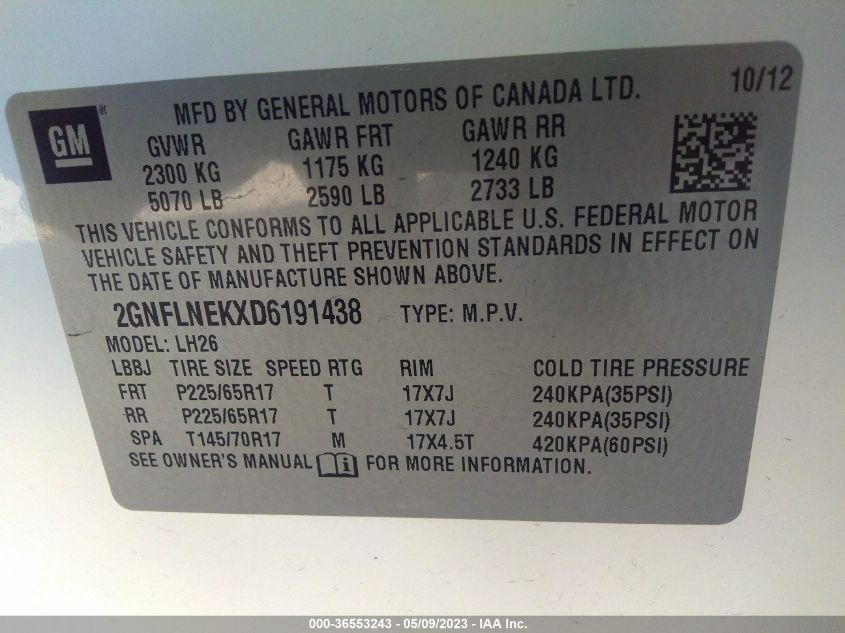 2013 CHEVROLET EQUINOX LT - 2GNFLNEKXD6191438