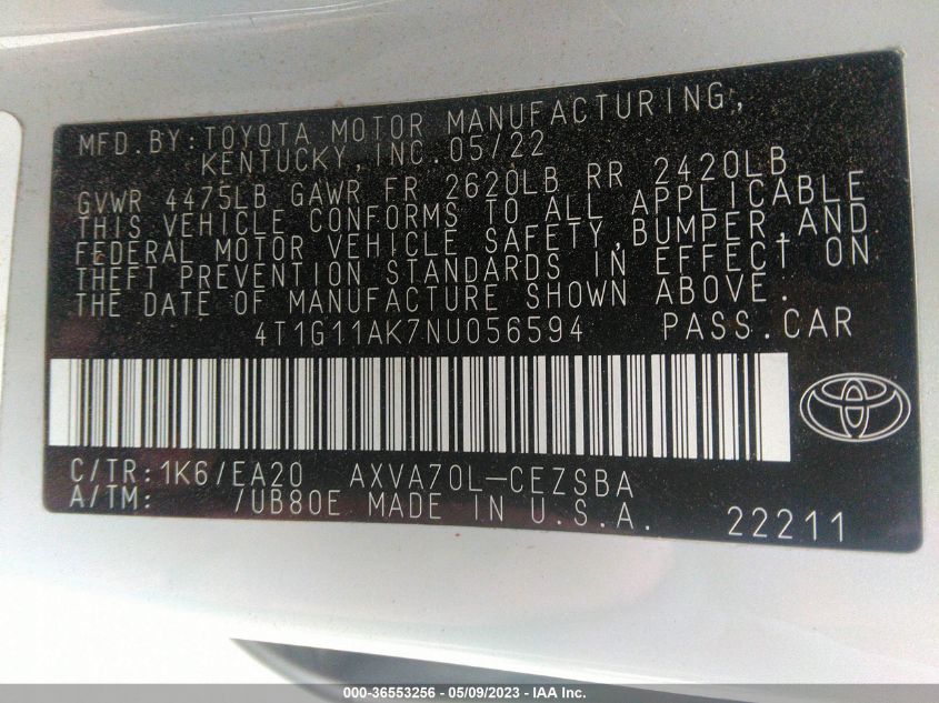 2022 TOYOTA CAMRY SE - 4T1G11AK7NU056594
