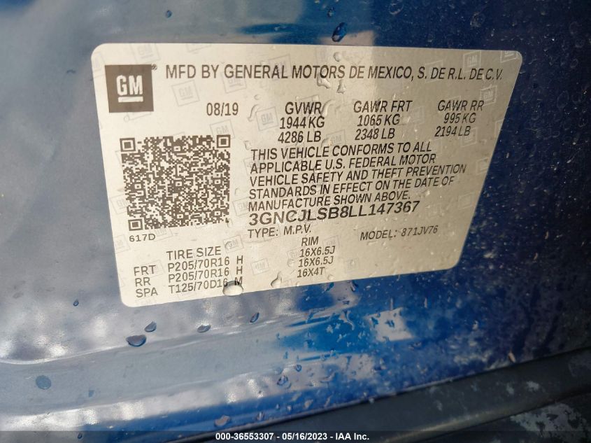 2020 CHEVROLET TRAX LT - 3GNCJLSB8LL147367
