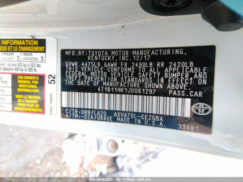 2018 TOYOTA CAMRY LE/SE/XLE/L - 4T1B11HK1JU061297