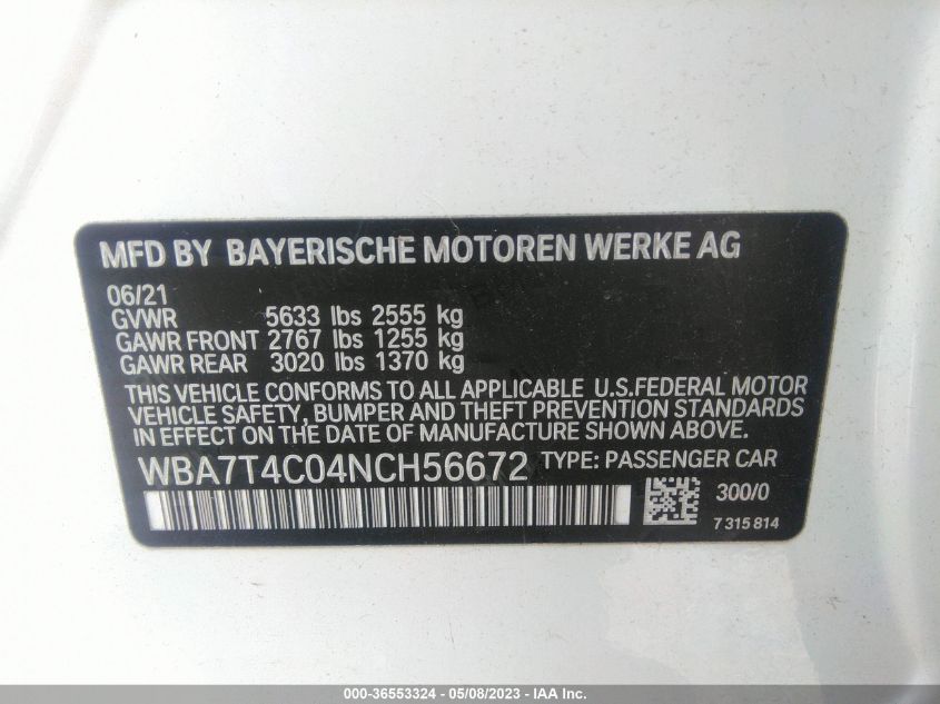 2022 BMW 7 SERIES 740I XDRIVE - WBA7T4C04NCH56672