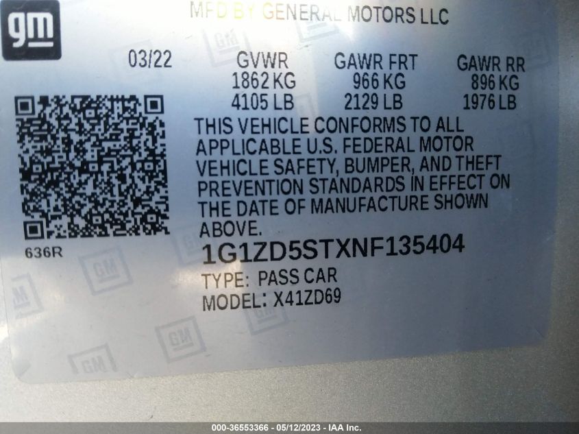 2022 CHEVROLET MALIBU LT - 1G1ZD5STXNF135404