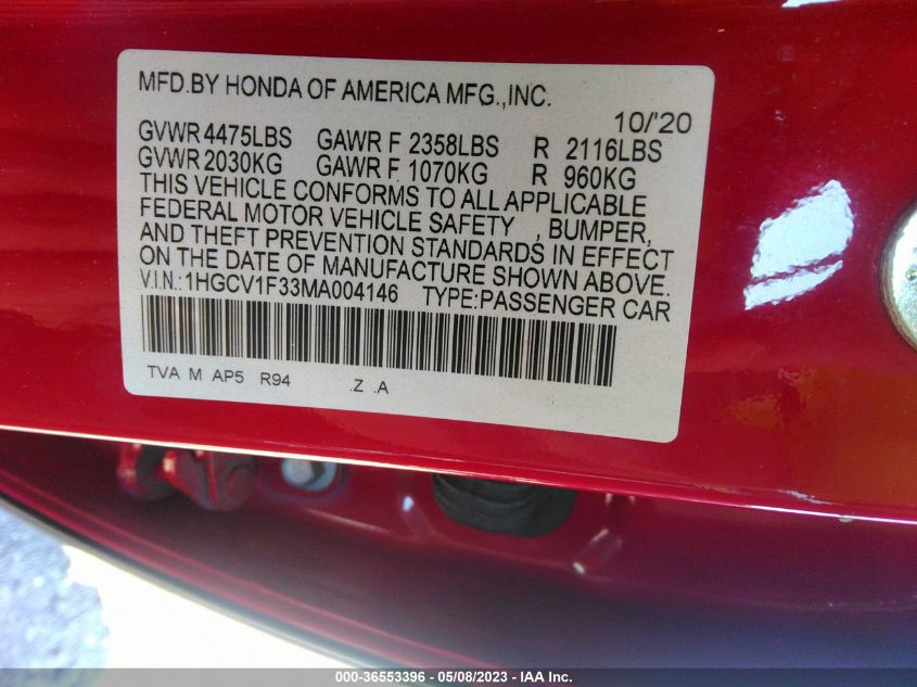 2021 HONDA ACCORD SEDAN SPORT - 1HGCV1F33MA004146