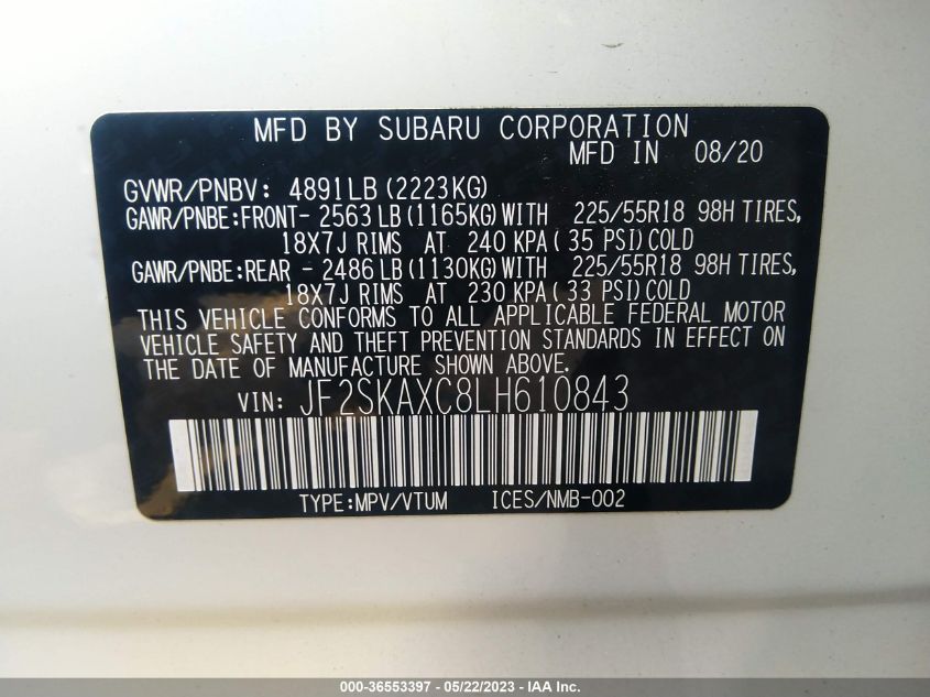 2020 SUBARU FORESTER TOURING - JF2SKAXC8LH610843