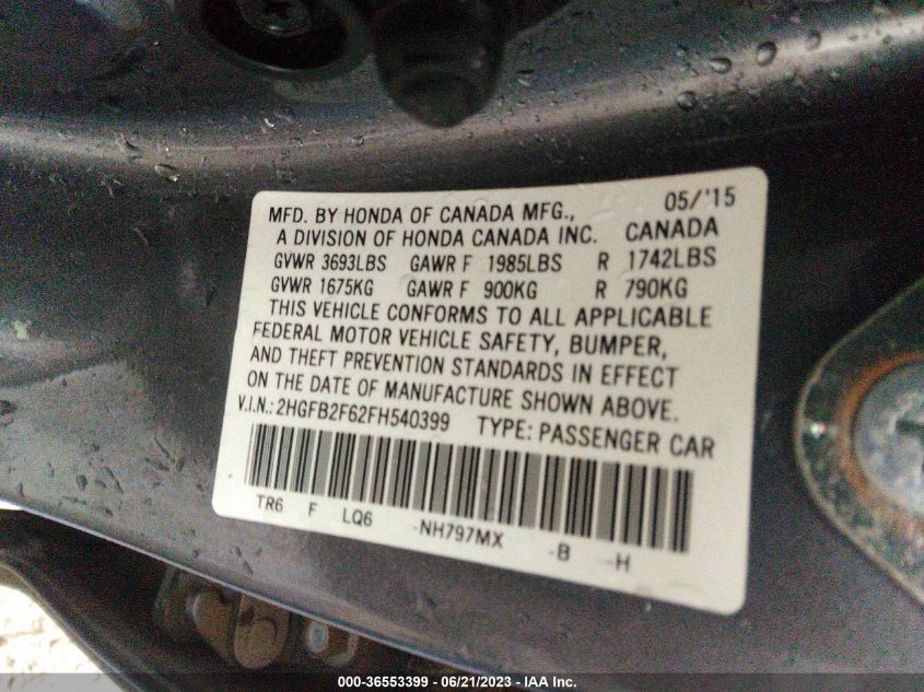 2015 HONDA CIVIC SEDAN HF - 2HGFB2F62FH540399