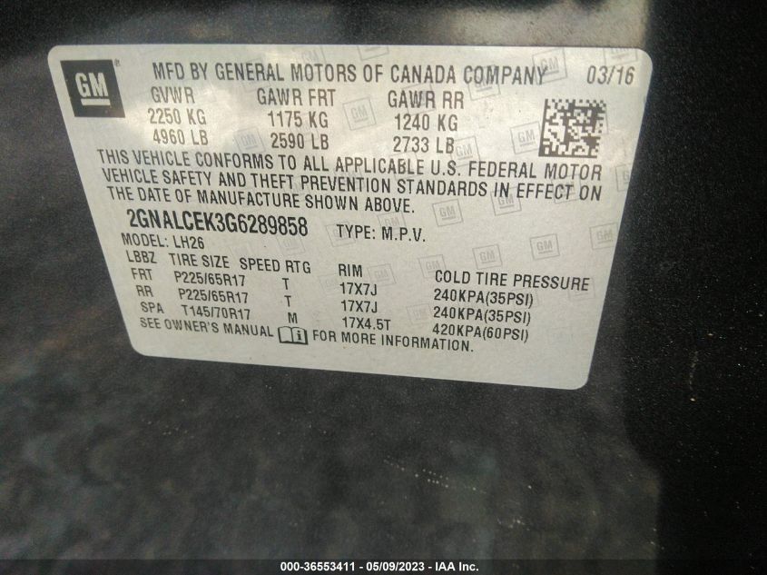 2016 CHEVROLET EQUINOX LT - 2GNALCEK3G6289858