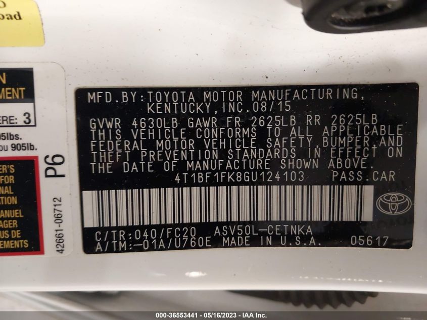 2016 TOYOTA CAMRY XLE/SE/LE/XSE - 4T1BF1FK8GU124103