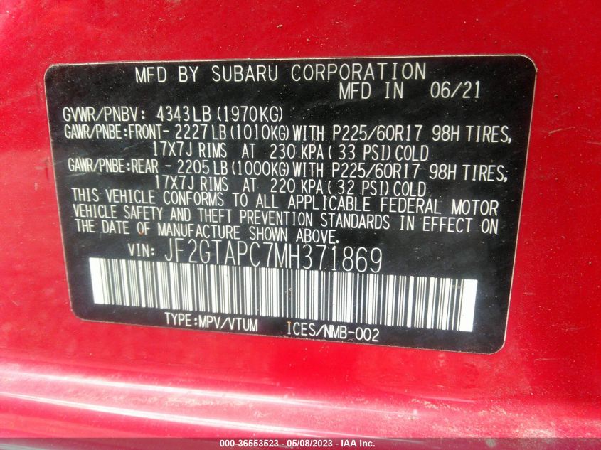 2021 SUBARU CROSSTREK PREMIUM - JF2GTAPC7MH371869