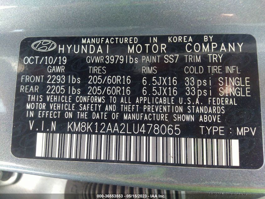 2020 HYUNDAI KONA SE - KM8K12AA2LU478065
