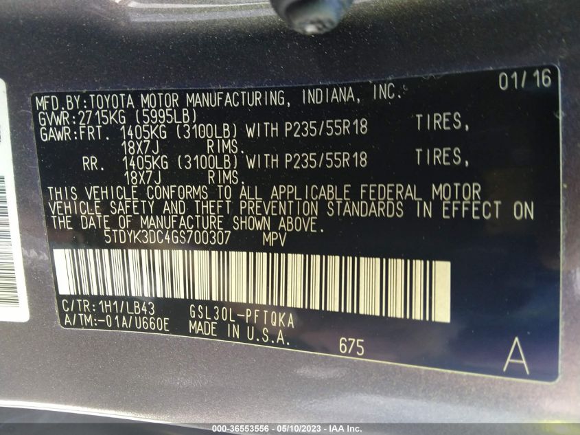2016 TOYOTA SIENNA XLE/XLE AAS/LTD - 5TDYK3DC4GS700307