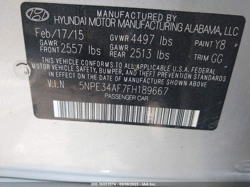 2015 HYUNDAI SONATA 2.4L SPORT - 5NPE34AF7FH189667