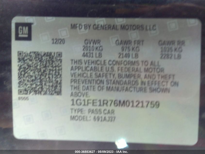 2021 CHEVROLET CAMARO LT1 - 1G1FE1R76M0121759