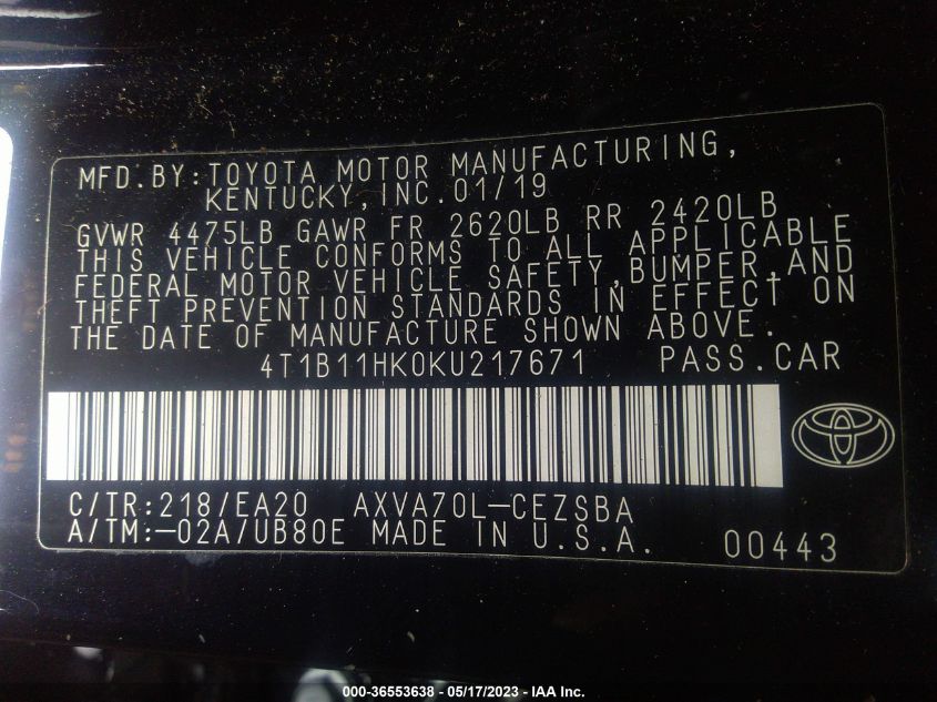 2019 TOYOTA CAMRY SE - 4T1B11HK0KU217671