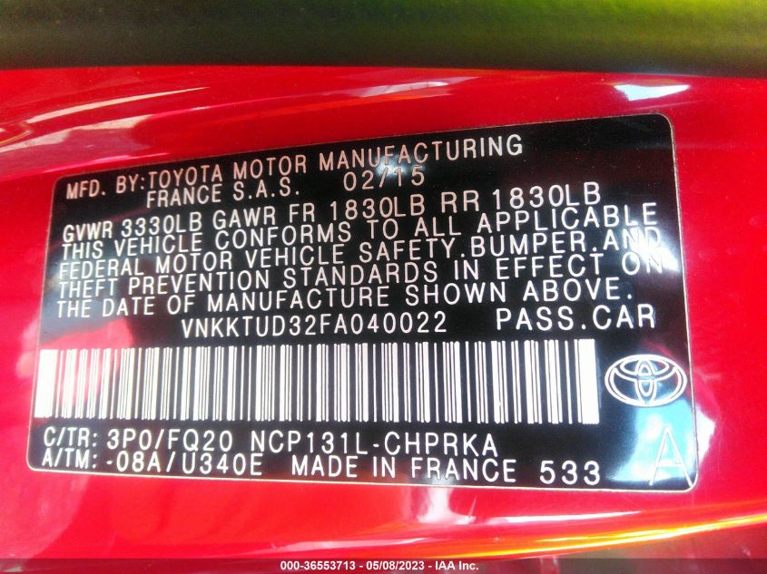 2015 TOYOTA YARIS L/SE/LE - VNKKTUD32FA040022