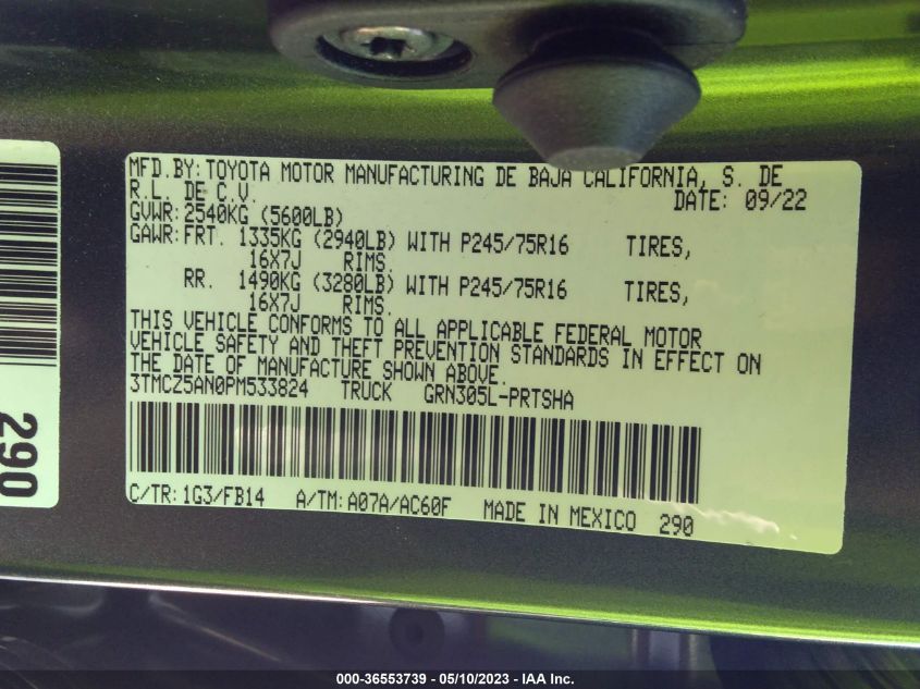 2023 TOYOTA TACOMA 4WD SR/SR5/TRD SPORT - 3TMCZ5AN0PM533824