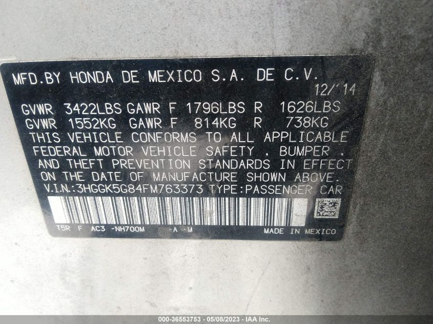 2015 HONDA FIT EX - 3HGGK5G84FM763373