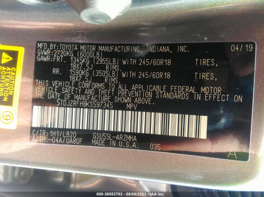 2019 TOYOTA HIGHLANDER XLE - 5TDJZRFH8KS597345