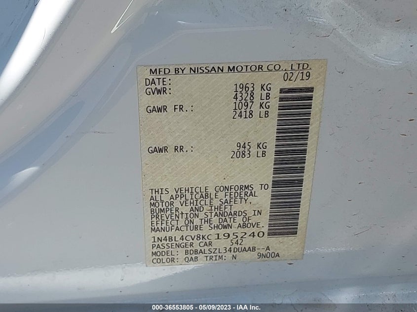 VIN 1N4BL4CV8KC195240 2019 NISSAN ALTIMA 2.5 SR