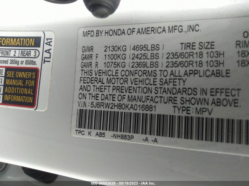 2019 HONDA CR-V EX-L - 5J6RW2H80KA016881