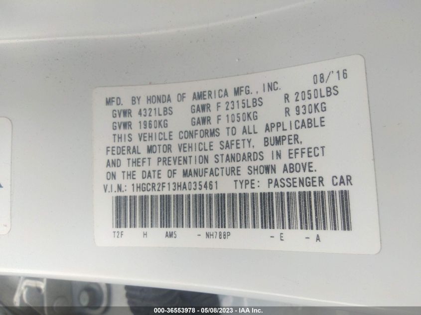 2017 HONDA ACCORD SEDAN SPORT SE - 1HGCR2F13HA035461