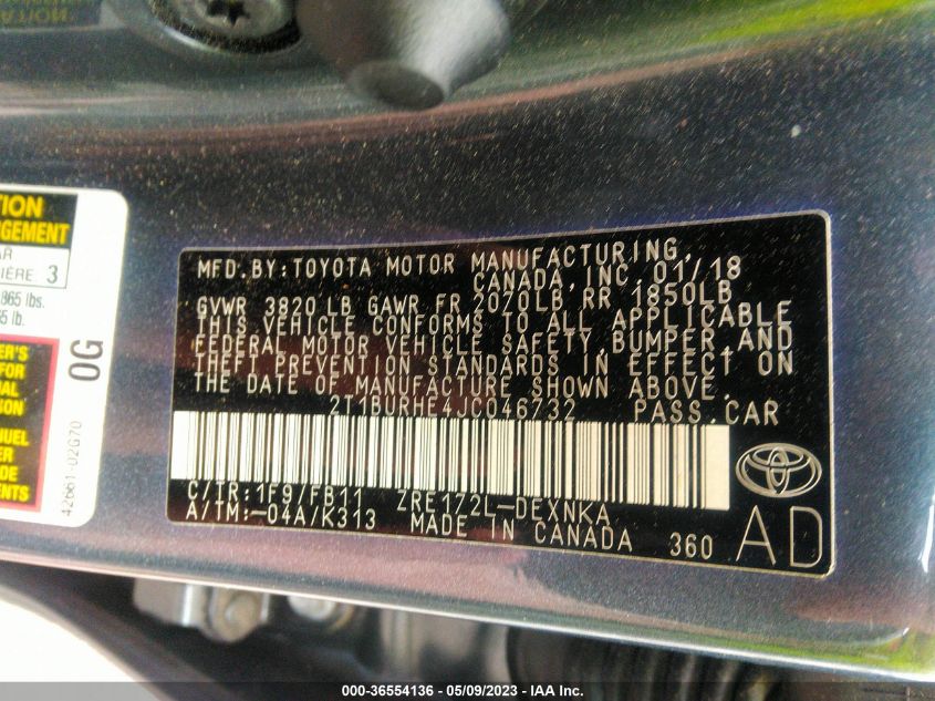 2018 TOYOTA COROLLA L/LE/XLE/SE/XSE - 2T1BURHE4JC046732