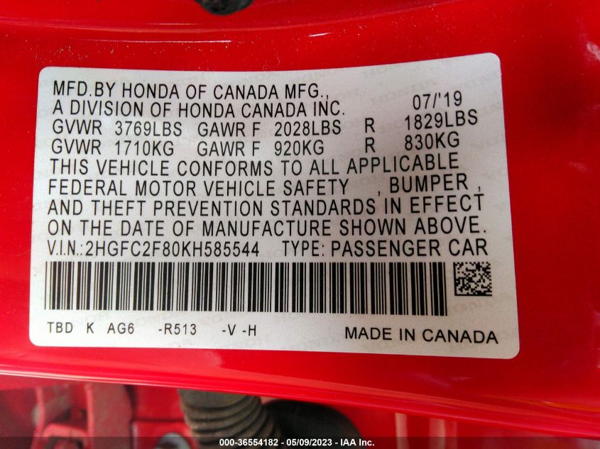 2019 HONDA CIVIC SEDAN SPORT - 2HGFC2F80KH585544