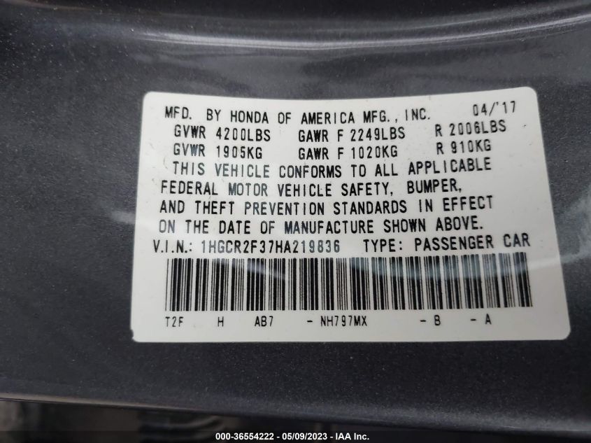2017 HONDA ACCORD SEDAN LX - 1HGCR2F37HA219836