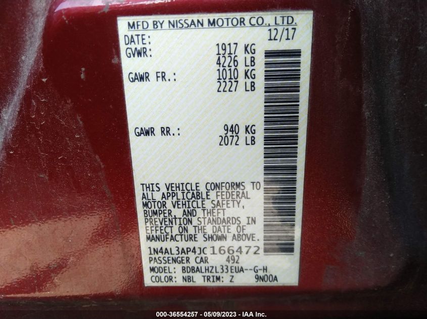 2018 NISSAN ALTIMA 2.5 SR - 1N4AL3AP4JC166472
