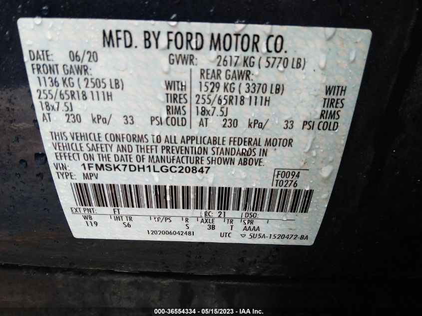 2020 FORD EXPLORER XLT - 1FMSK7DH1LGC20847