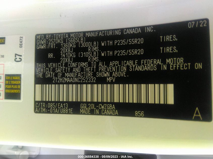 2022 LEXUS RX RX 350 - 2T2HZMAA0NC252332