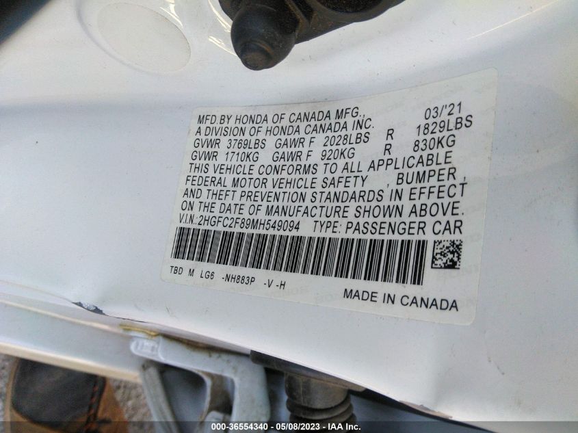 2021 HONDA CIVIC SEDAN SPORT - 2HGFC2F89MH549094