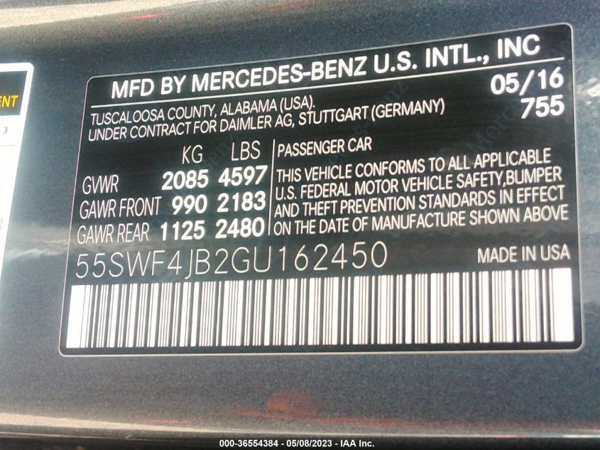 55SWF4JB2GU162450 2016 MERCEDES-BENZ C-CLASS, photo no. 9