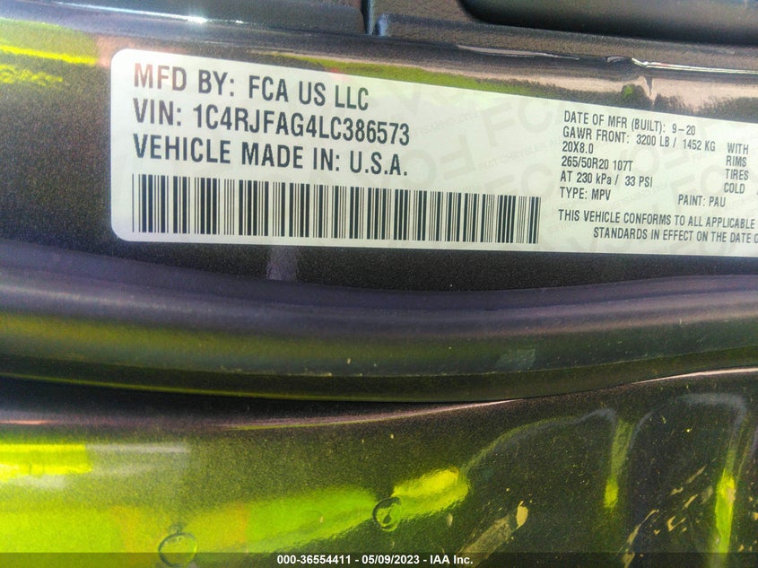 VIN 1C4RJFAG4LC386573 2020 JEEP GRAND CHEROKEE ALTITUDE
