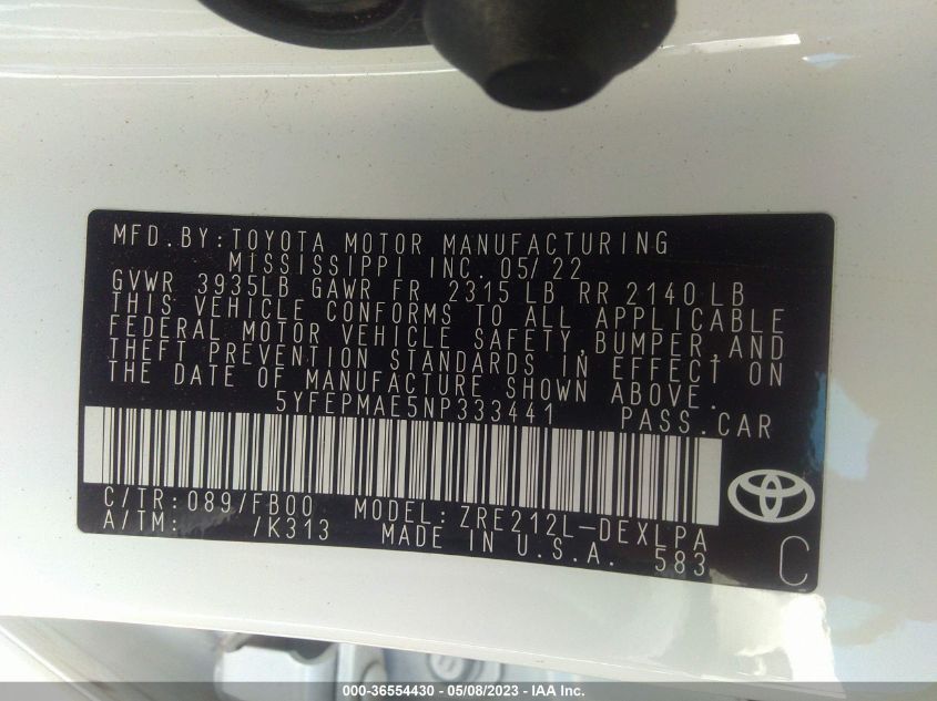 2022 TOYOTA COROLLA LE - 5YFEPMAE5NP333441
