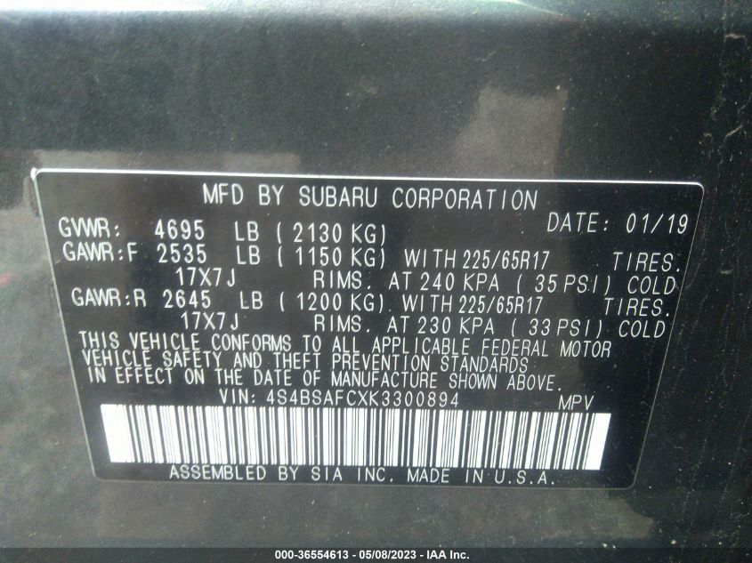 2019 SUBARU OUTBACK PREMIUM - 4S4BSAFCXK3300894